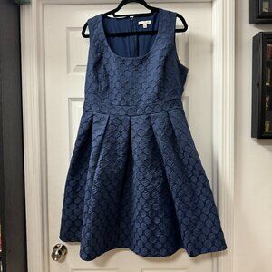 Eva Mendes Navy Blue Fit & Flare sleeveless textured lined cotton blend dress 16